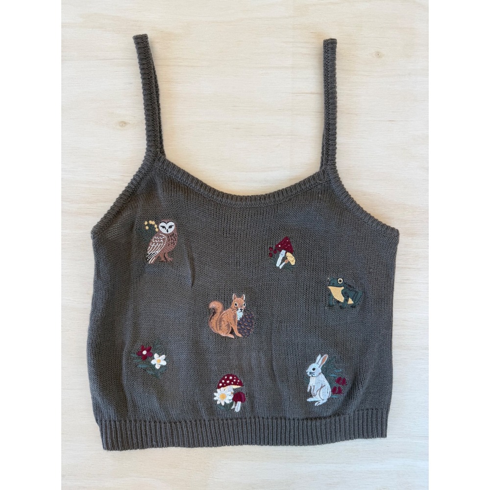 Thorn & Fable Woodland Embroidery Knit Camisole Brown Cottagecore Tank Top SM